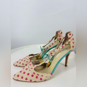 NWOB Boden Polka Dot Pointed Toe Tassel Heels Pink Blue White 11